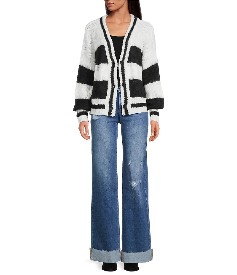 ELAN Bold Striped V-Neck Long Sleeve Button Front Cardigan