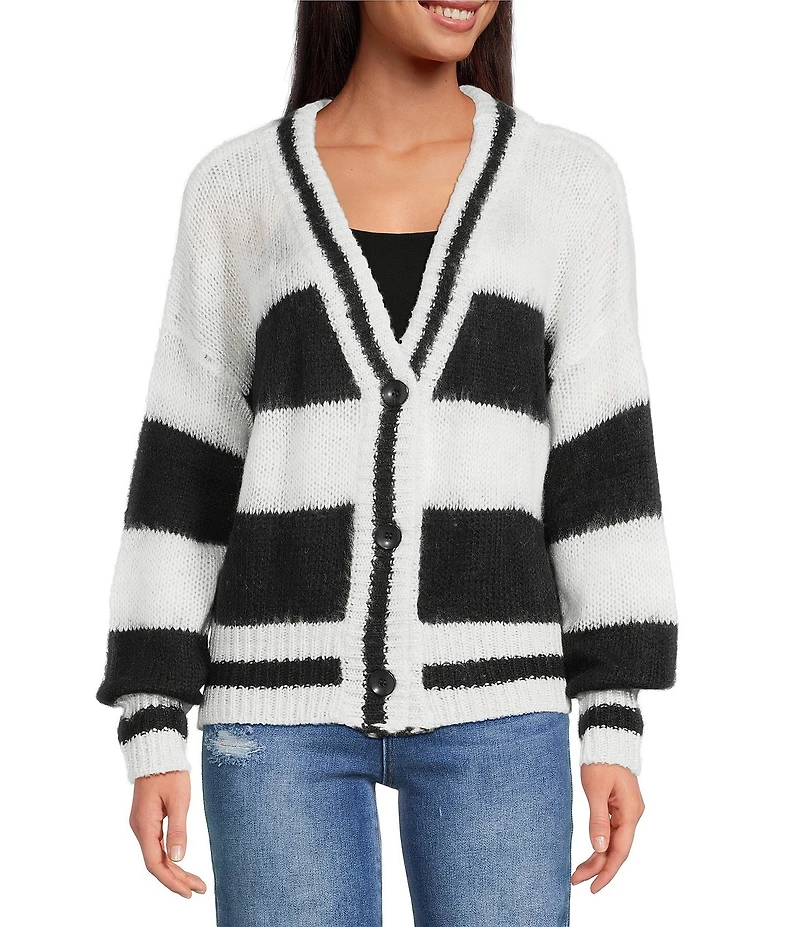 ELAN Bold Striped V-Neck Long Sleeve Button Front Cardigan