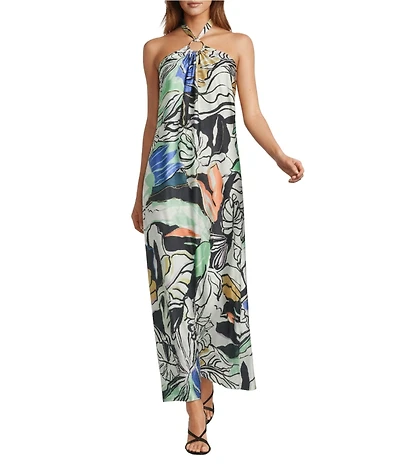ELAN Botanical Print Ring Halter Neck A-Line Maxi Dress