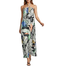 ELAN Botanical Print Ring Halter Neck A-Line Maxi Dress