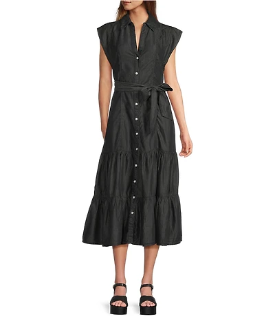 ELAN Chambray Cap Sleeve Tie Waist Button Front Midi Dress