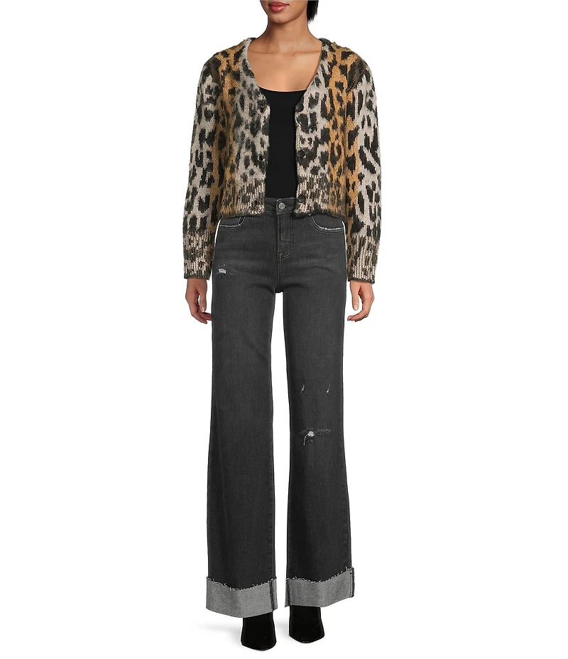 ELAN Cheetah Knit V-Neck Long Sleeve Button Front Cardigan