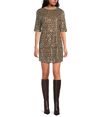 ELAN Cheetah Sequin Round Neck Short Sleeve Shift Dress