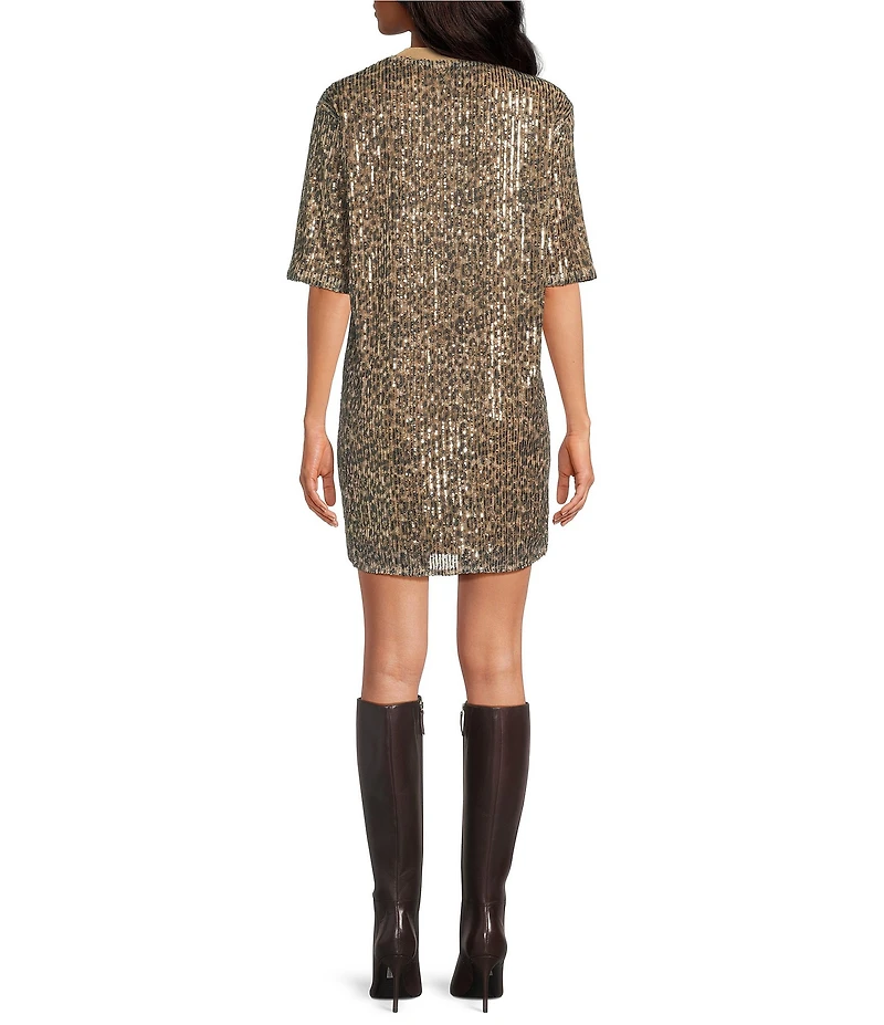 ELAN Cheetah Sequin Round Neck Short Sleeve Shift Dress