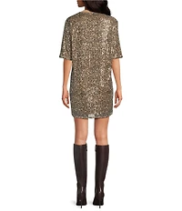 ELAN Cheetah Sequin Round Neck Short Sleeve Shift Dress