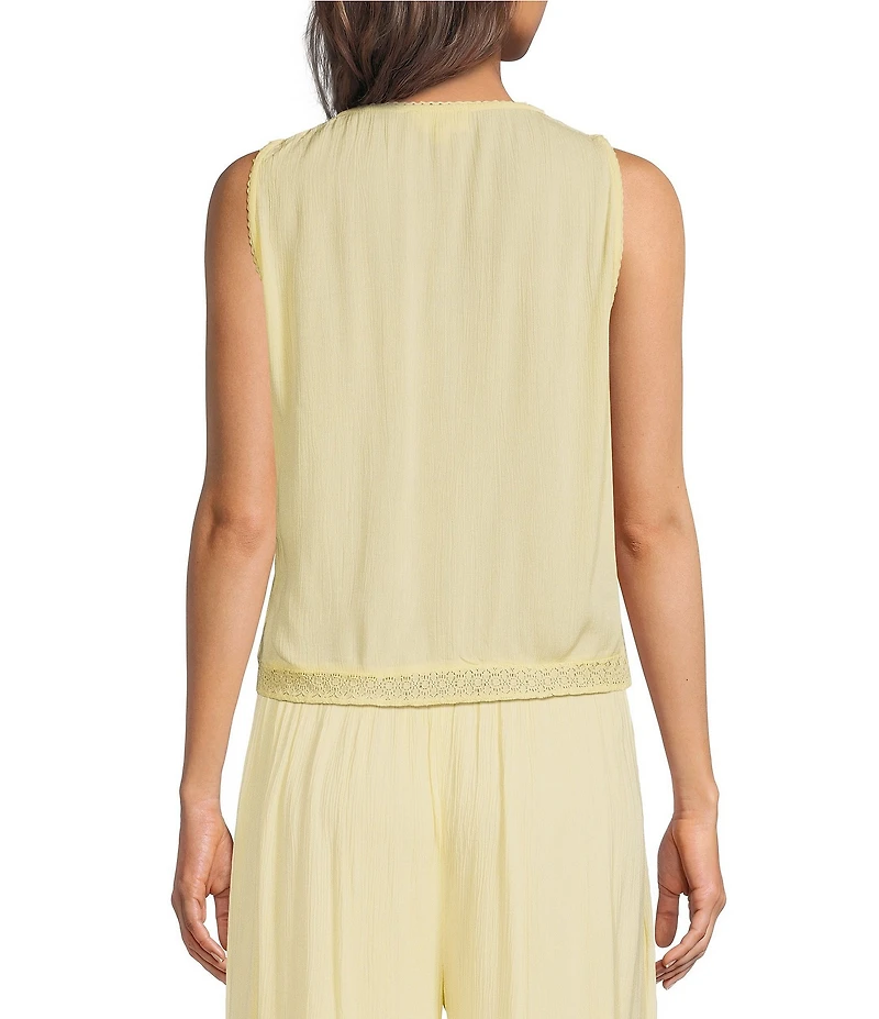ELAN Coordinating Lace Inset V-Neck Sleeveless Button Front Top