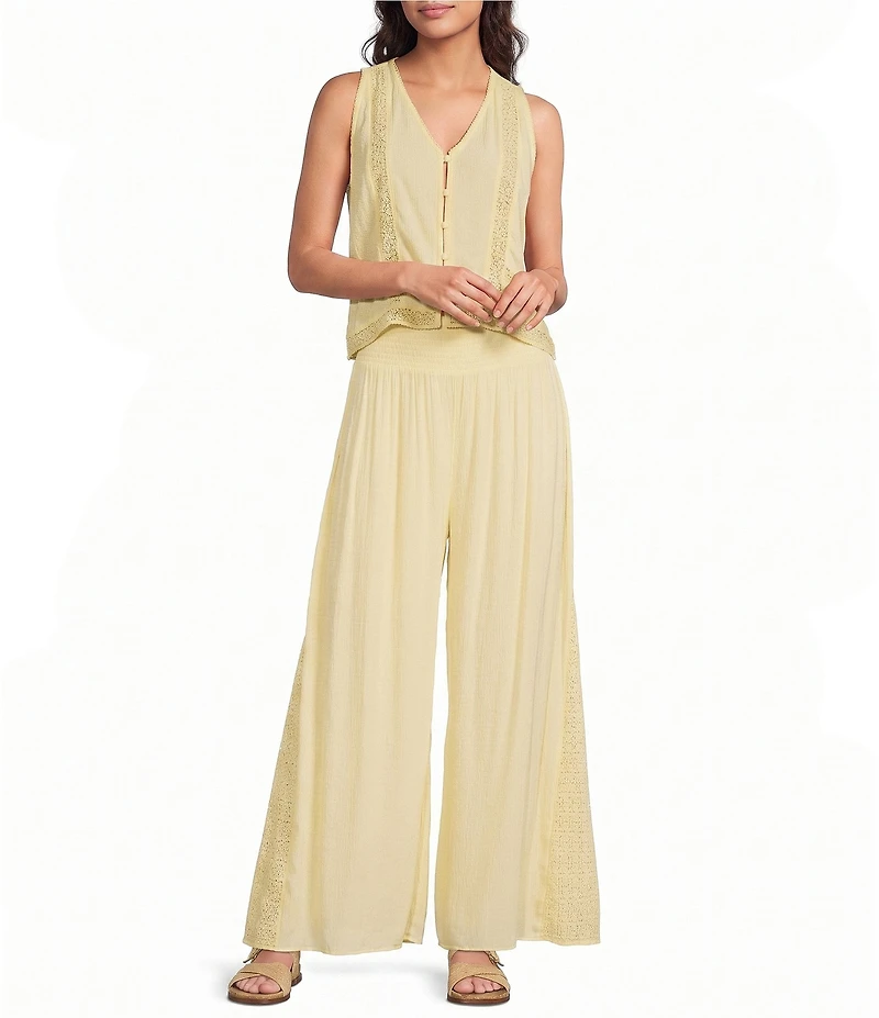 ELAN Coordinating Lace Inset V-Neck Sleeveless Button Front Top