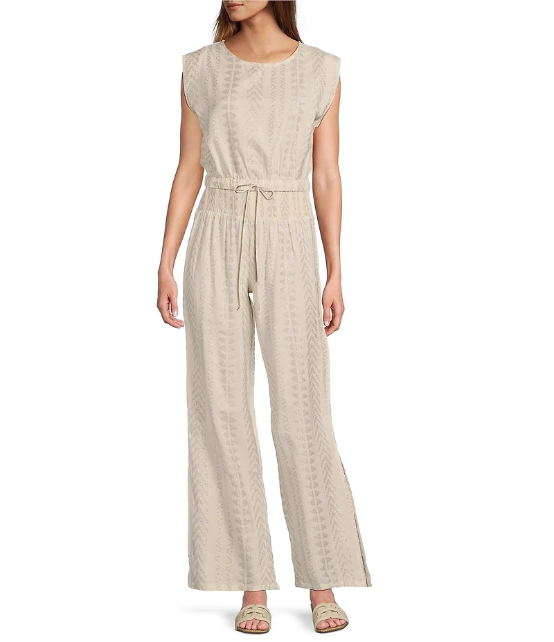 ELAN Coordinating Metallic Arrow Print Elastic Waistband Pull-On Side Slit Wide Leg Pants
