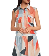ELAN Coordinating Woven Prism Point Collar Sleeveless Button Front Crop Top