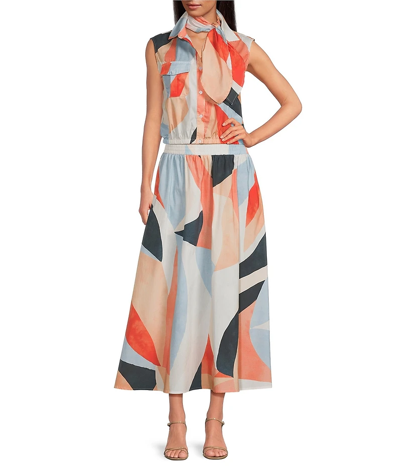 ELAN Coordinating Woven Prism Point Collar Sleeveless Button Front Crop Top