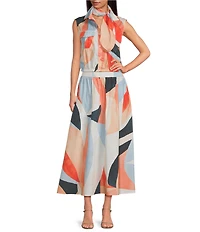 ELAN Coordinating Woven Prism Point Collar Sleeveless Button Front Crop Top