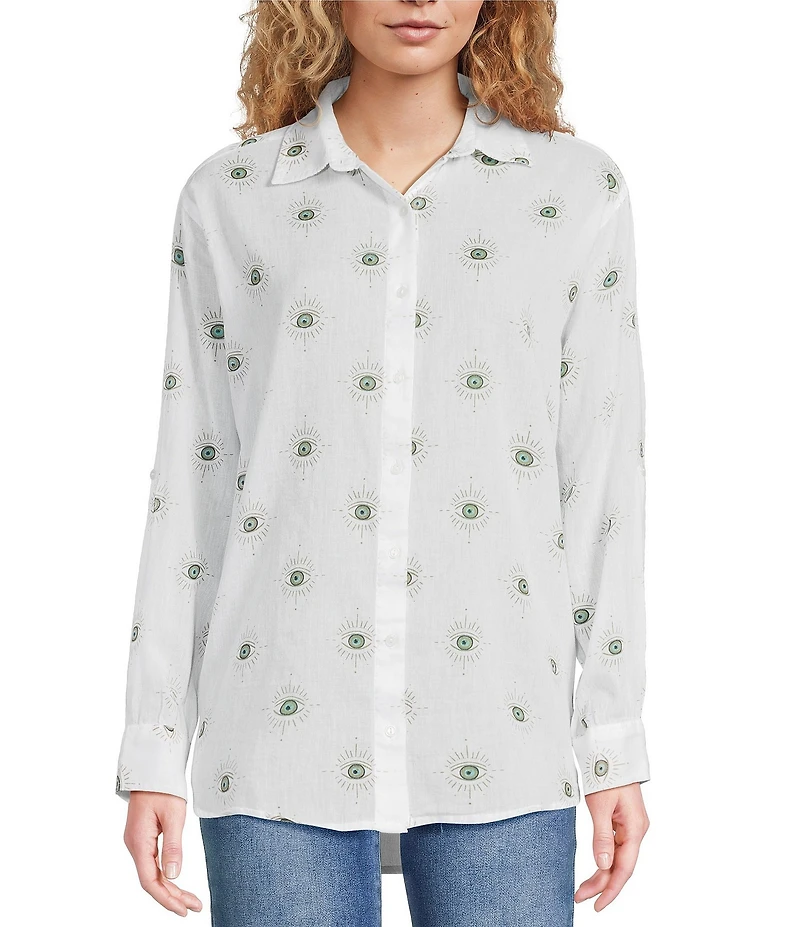 ELAN Cotton Evil Eye Print Point Collar Long Sleeve Button Front Shirt