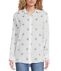 ELAN Cotton Evil Eye Print Point Collar Long Sleeve Button Front Shirt