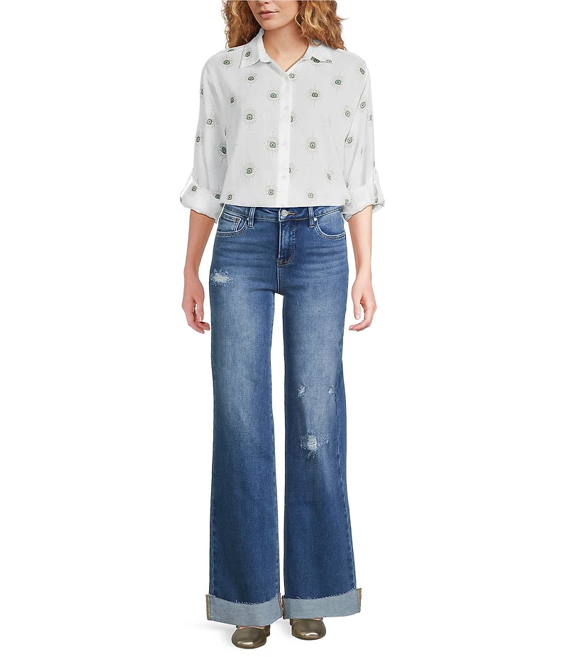 ELAN Cotton Evil Eye Print Point Collar Long Sleeve Button Front Shirt