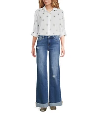 ELAN Cotton Evil Eye Print Point Collar Long Sleeve Button Front Shirt