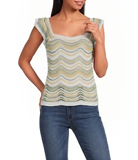 ELAN Crochet Chevron Square Neck Ruffle Cap Sleeve Tank