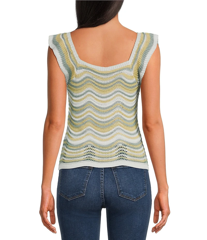 ELAN Crochet Chevron Square Neck Ruffle Cap Sleeve Tank