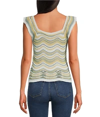 ELAN Crochet Chevron Square Neck Ruffle Cap Sleeve Tank