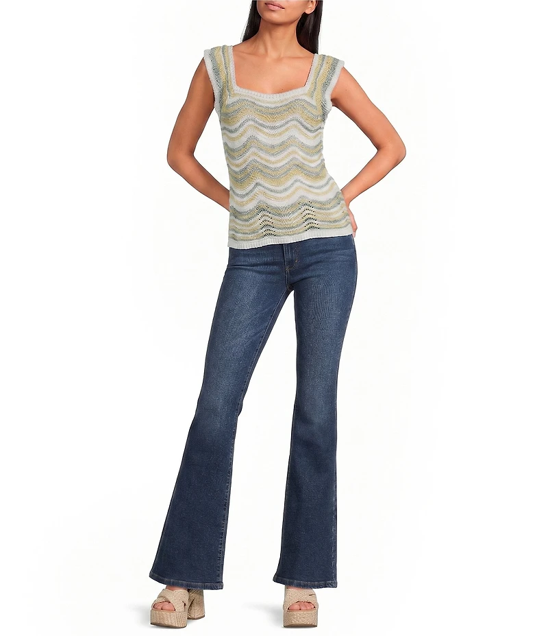 ELAN Crochet Chevron Square Neck Ruffle Cap Sleeve Tank