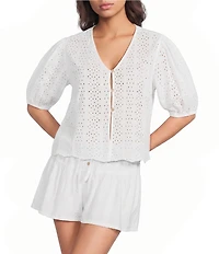 ELAN Eyelet V-Neck Short Sleeve Scalloped Hem Button Front-Shirt