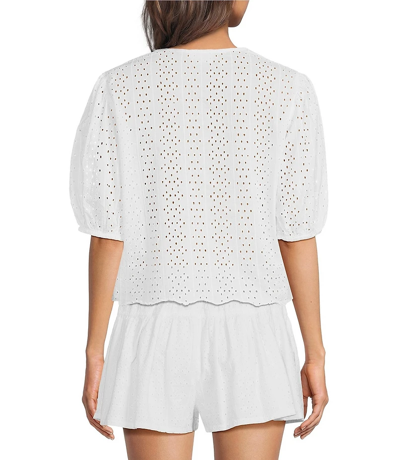 ELAN Eyelet V-Neck Short Sleeve Scalloped Hem Button Front-Shirt