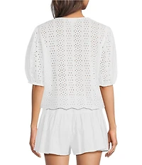 ELAN Eyelet V-Neck Short Sleeve Scalloped Hem Button Front-Shirt