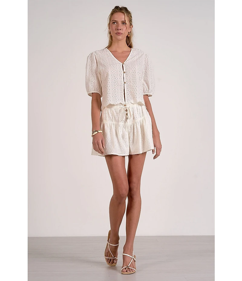 ELAN Eyelet V-Neck Short Sleeve Scalloped Hem Button Front-Shirt