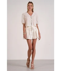 ELAN Eyelet V-Neck Short Sleeve Scalloped Hem Button Front-Shirt