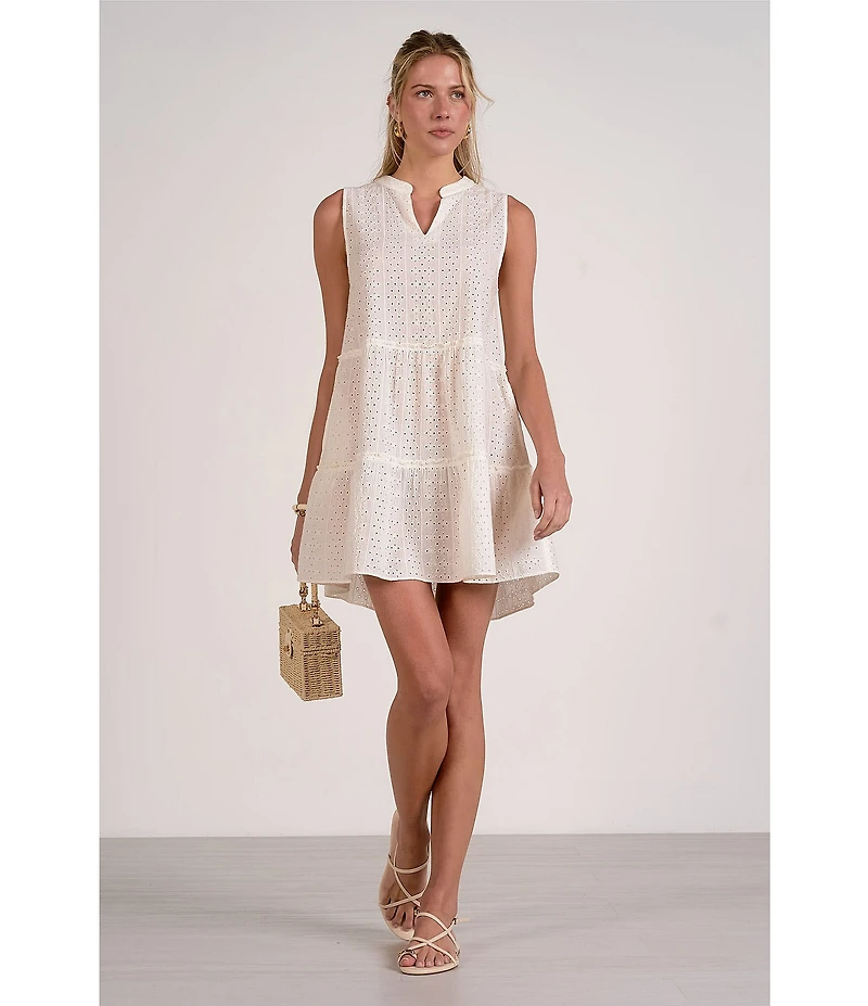 ELAN Eyelet V-Neck Sleeveless Tiered Shift Dress