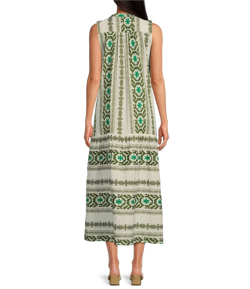ELAN Geometric Print Tassel Split V-Neck Sleeveless Midi Dress