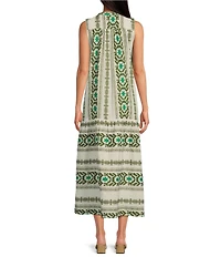 ELAN Geometric Print Tassel Split V-Neck Sleeveless Midi Dress