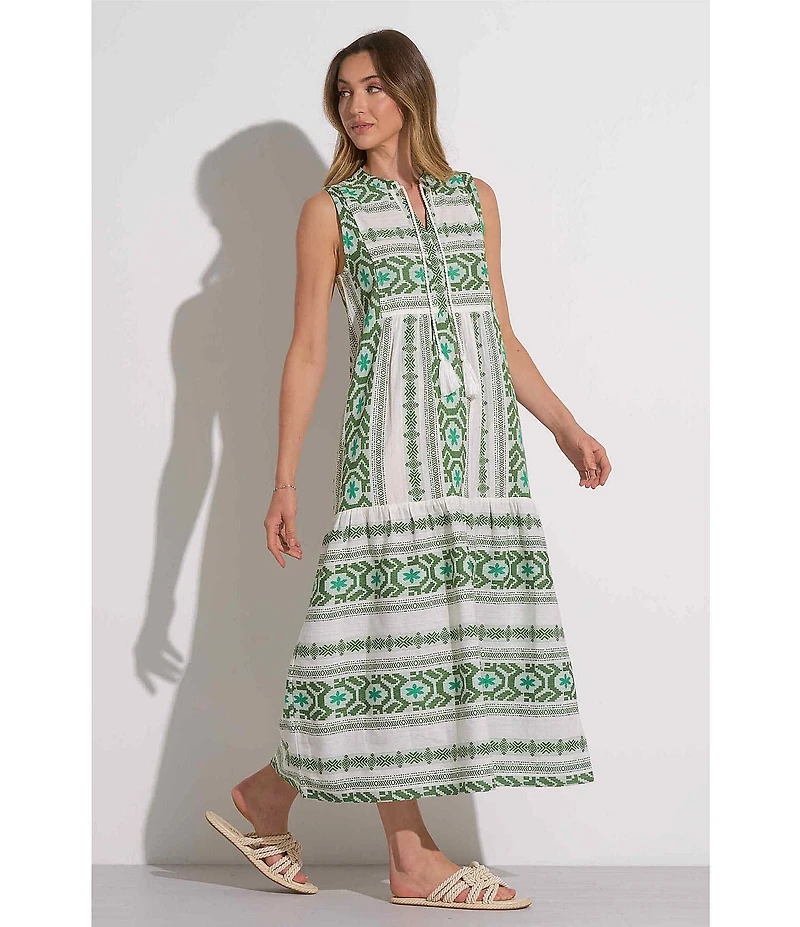 ELAN Geometric Print Tassel Split V-Neck Sleeveless Midi Dress