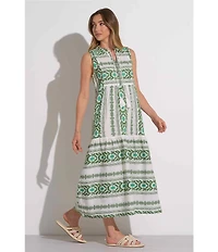 ELAN Geometric Print Tassel Split V-Neck Sleeveless Midi Dress