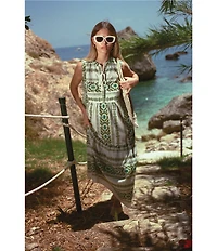 ELAN Geometric Print Tassel Split V-Neck Sleeveless Midi Dress