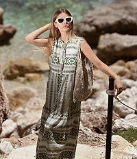 ELAN Geometric Print Tassel Split V-Neck Sleeveless Midi Dress
