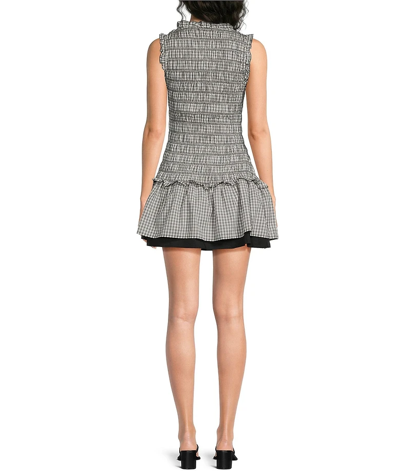 ELAN Gingham V-Neck Sleeveless Smocked Drop Waist Trimmed Mini Dress