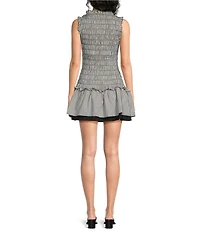 ELAN Gingham V-Neck Sleeveless Smocked Drop Waist Trimmed Mini Dress