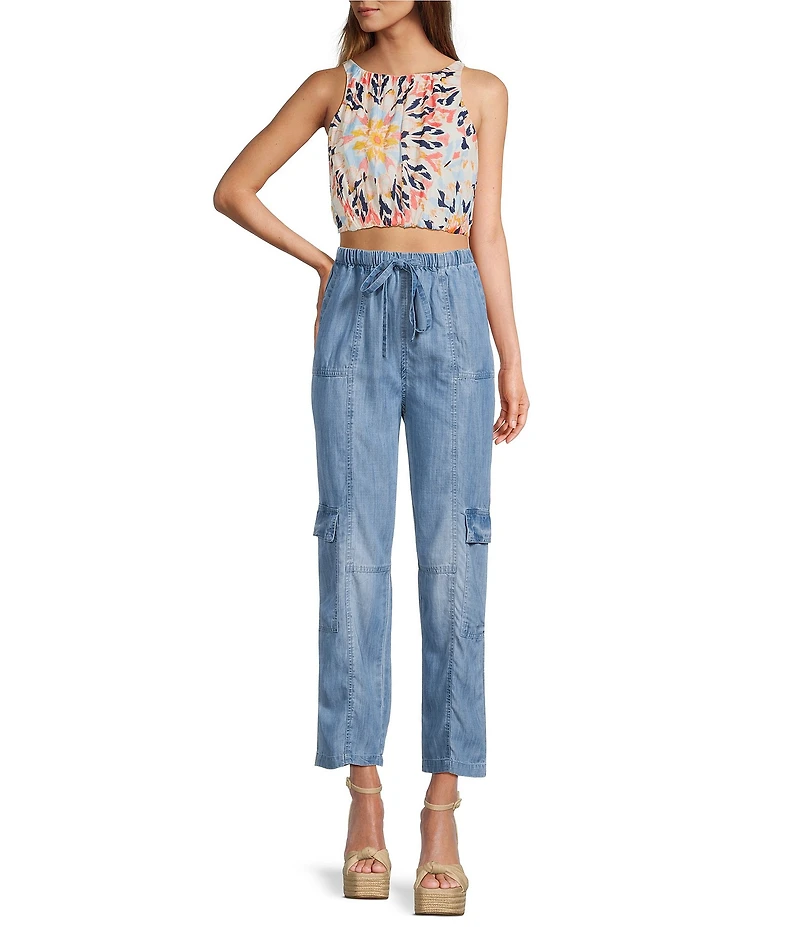 ELAN Kaleidoscope Elastic Hem Crop Halter Top