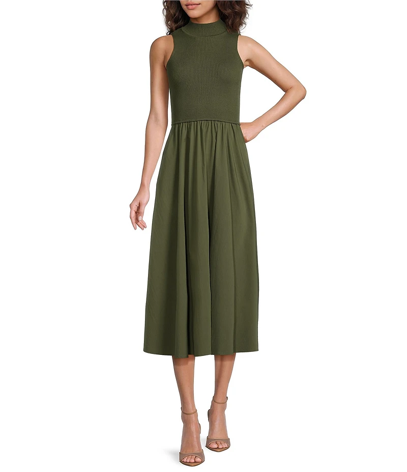 ELAN Mix Media Mock Neck Sleeveless Midi Dress