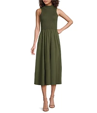 ELAN Mix Media Mock Neck Sleeveless Midi Dress