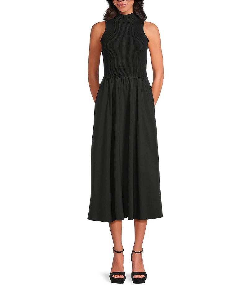 ELAN Mix Media Mock Neck Sleeveless Midi Dress