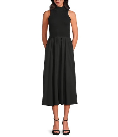 ELAN Mix Media Mock Neck Sleeveless Midi Dress