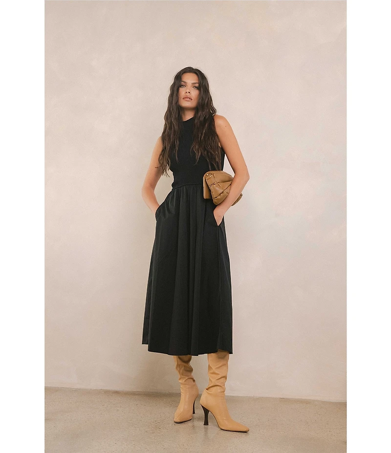 ELAN Mix Media Mock Neck Sleeveless Midi Dress