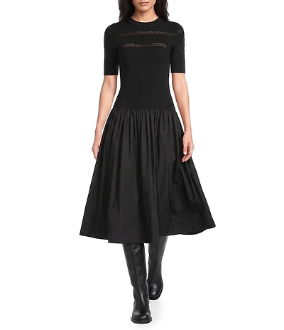 Elan Mixed Media Crew Neck Short Sleeve A-Line Midi Dress