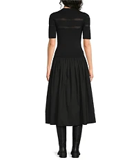 Elan Mixed Media Crew Neck Short Sleeve A-Line Midi Dress
