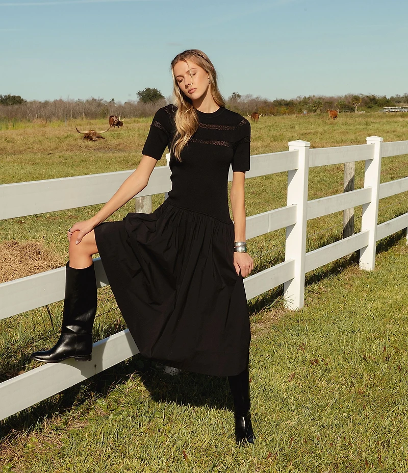 Elan Mixed Media Crew Neck Short Sleeve A-Line Midi Dress