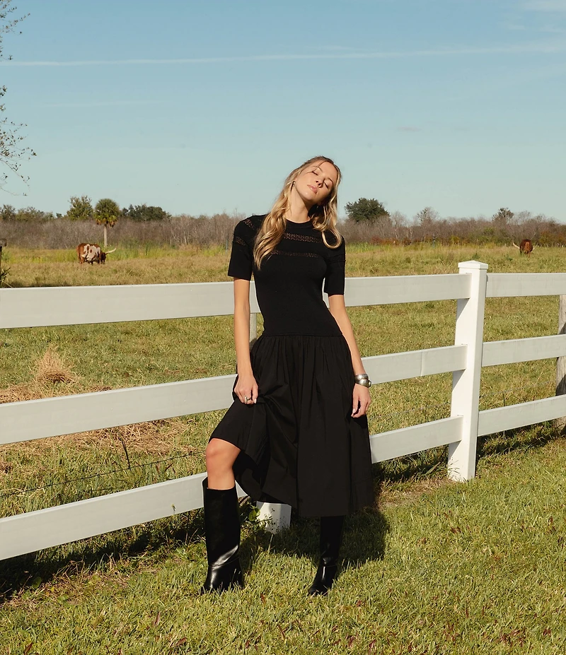Elan Mixed Media Crew Neck Short Sleeve A-Line Midi Dress