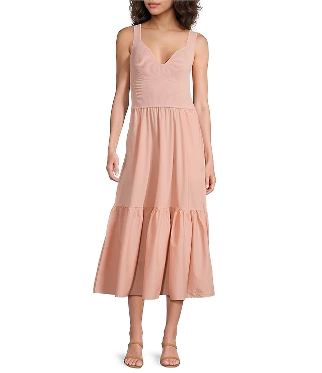 elan mixed media midi dress White & tan striped sleeveless mixed media midi dress (Elan)