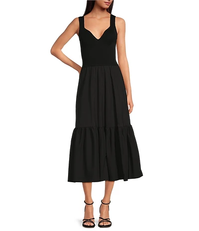 ELAN Mixed Media V-Neck Sleeveless A-Line Midi Dress