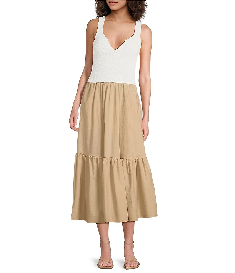 ELAN Mixed Media V-Neck Sleeveless A-Line Midi Dress
